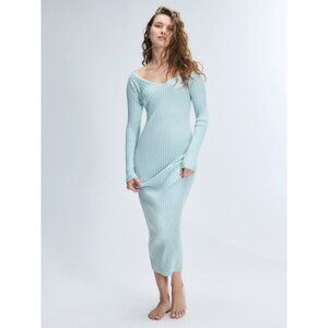 SAVAGE x FENTY Tres Soft Light Blue Ribbed Bodycon Midi Sweater Dress, Size M